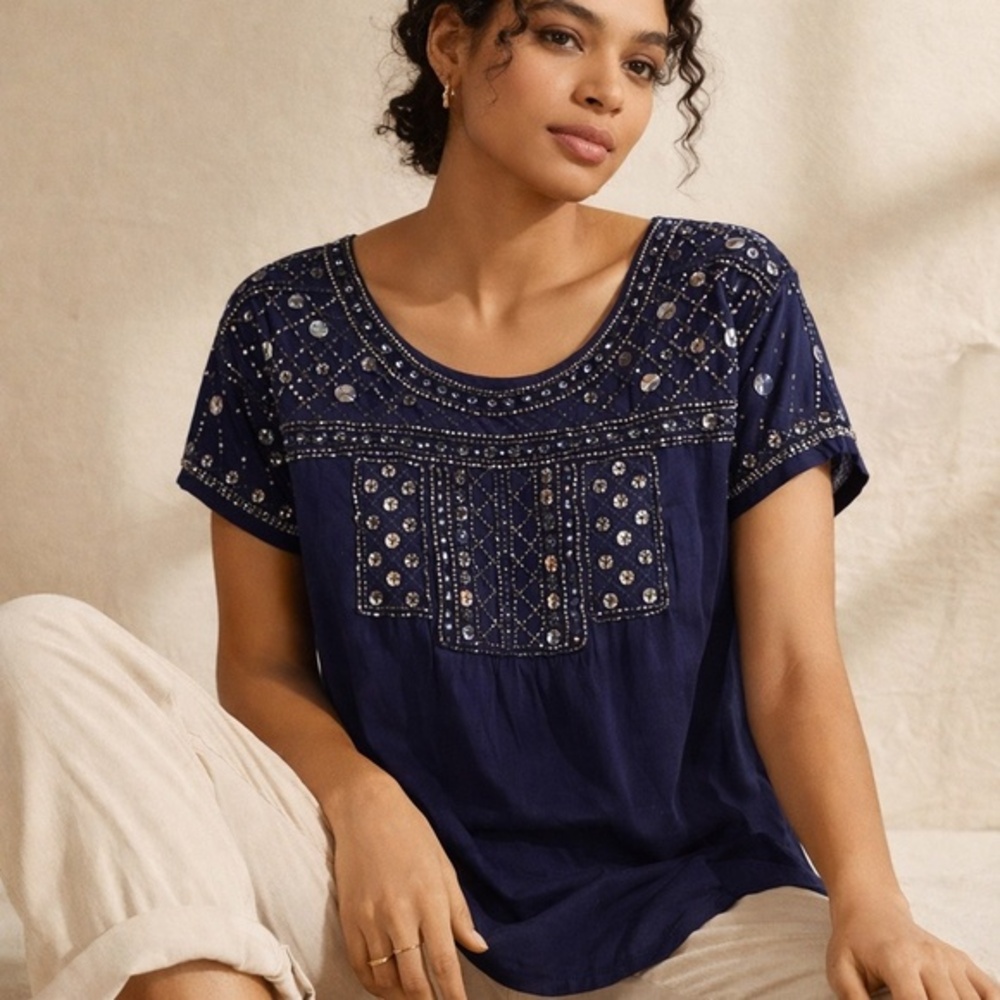 Beaded Navy Blue Boho Tunic Top • Embroidered Rayon Blouse Size S